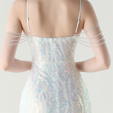 Women Backless Beaded Slit Party Evening Dress