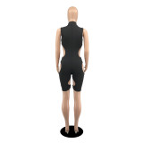 Women's Summer Solid Color Sexy Hollow Short-Sleeve Jumpsuit