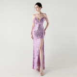 Women Backless Beaded Slit Party Evening Dress