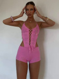 Women Spring Summer knitting Sexy Hollow Solid Halter Neck Lace-Up Backless Cargo Shorts