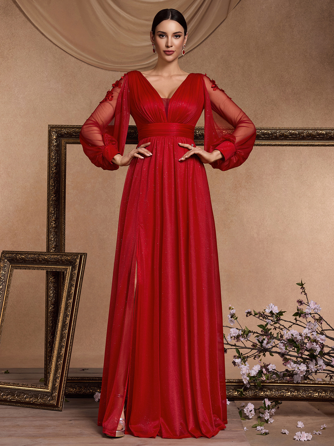 Women Long Sleeve Formal Party Sexy Slit Evening Dress