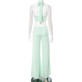 Women Spring and Summer Lace-Up Halter Neck Strapless Top and Gathered Pants Two-Piece Set