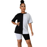 Women Summer Casual Color Block Round Neck Top and Shorts Two-piece Set