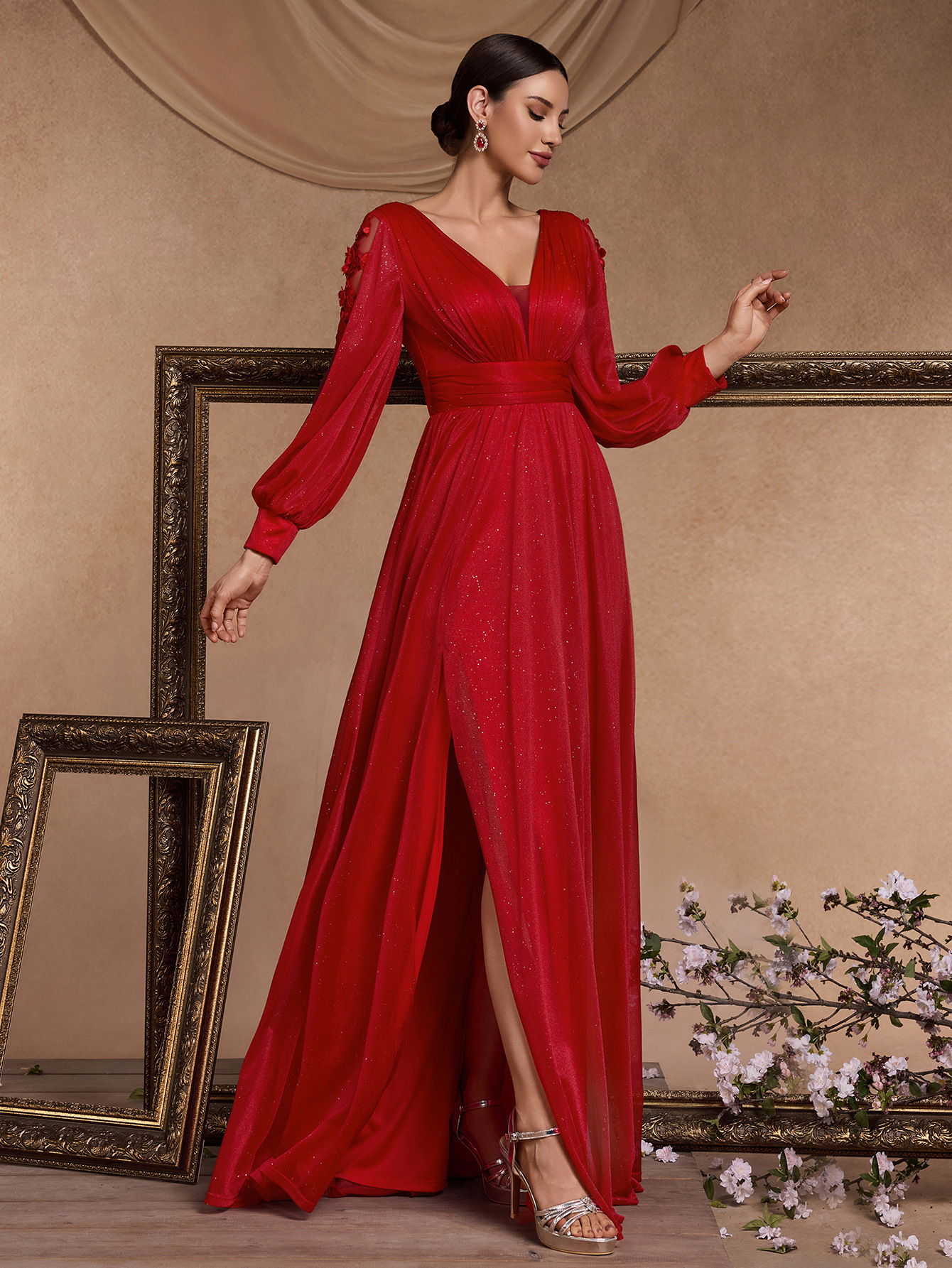 Women Long Sleeve Formal Party Sexy Slit Evening Dress