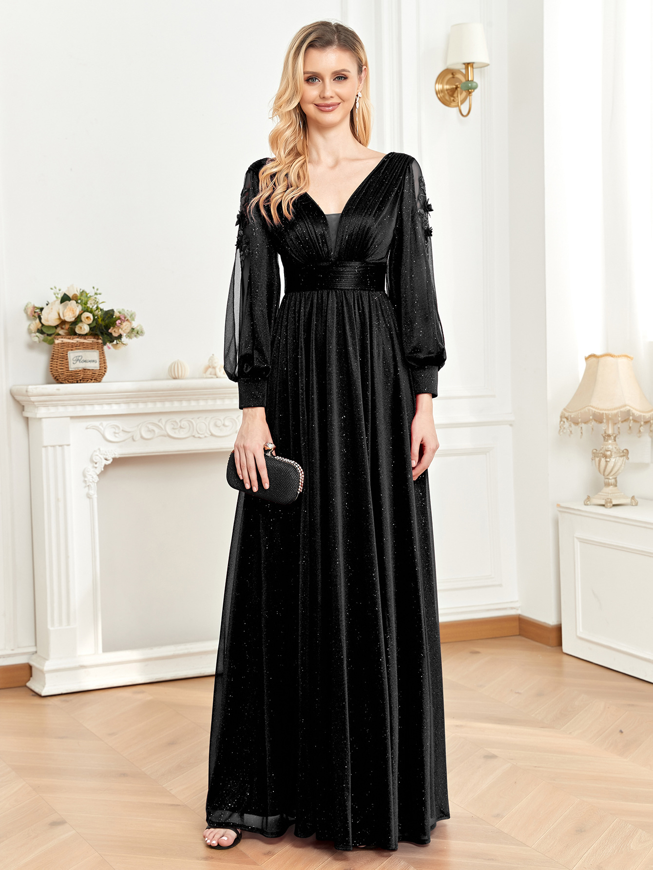 Women Long Sleeve Formal Party Sexy Slit Evening Dress