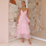 Women sexy Backless suspenders pleated lace dress