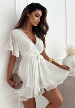 Women Sexy V-neck Chiffon Cross Lace-Up Ruffle Dress