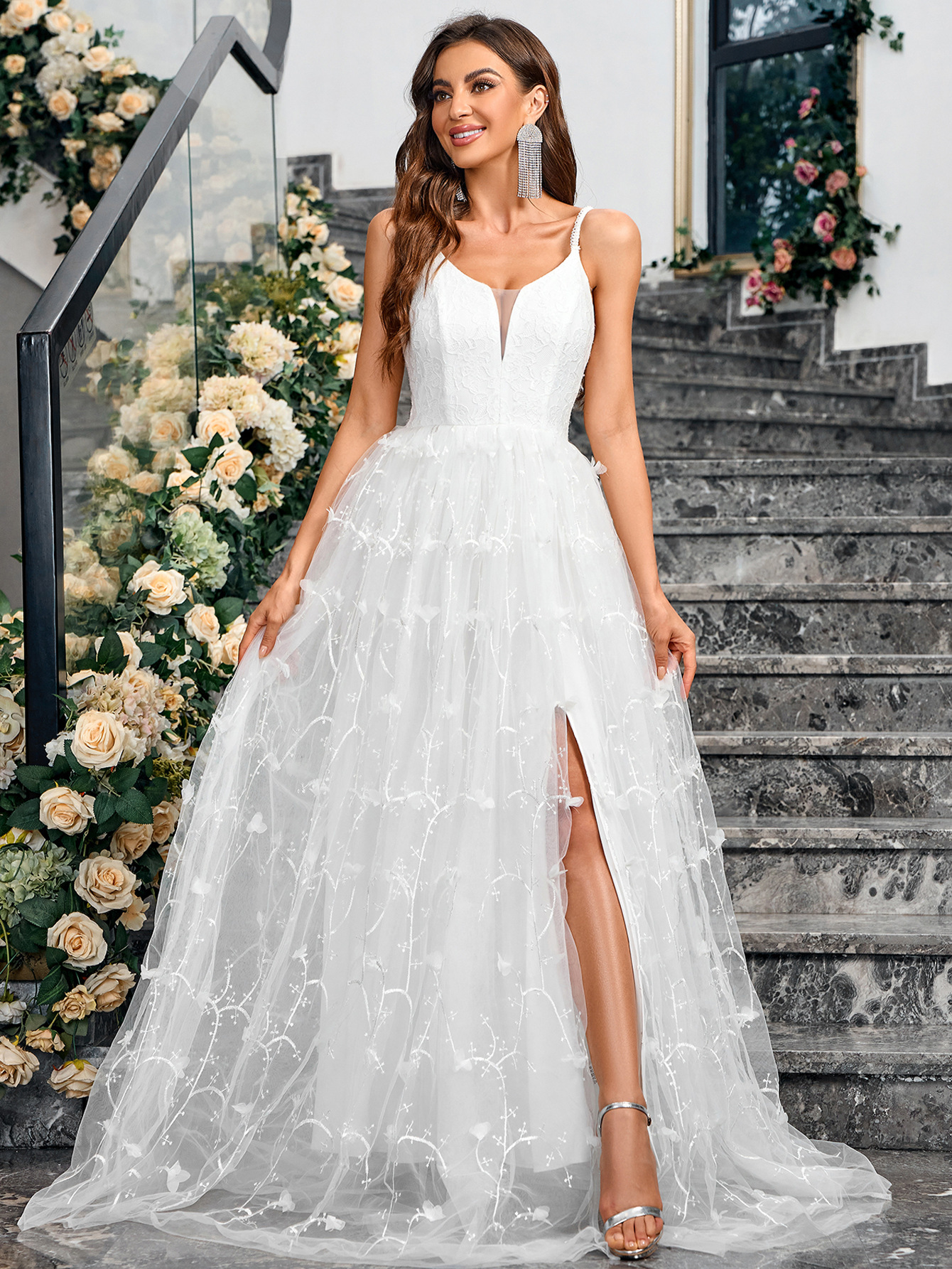 Women Solid Summer Elegant Mesh Suspender V-neck Formal Party Evening Dress