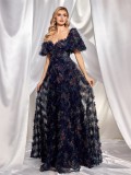 Women Floral U-neck Short Sleeve Party Formal Party Evening Dress