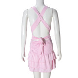 Women Hollow Crop Lace-Up Top and Skirt Two-piece Set