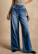 Women Riveted Pocket Washed Denim Pants Women Riveted Pocket Washed Denim Pants