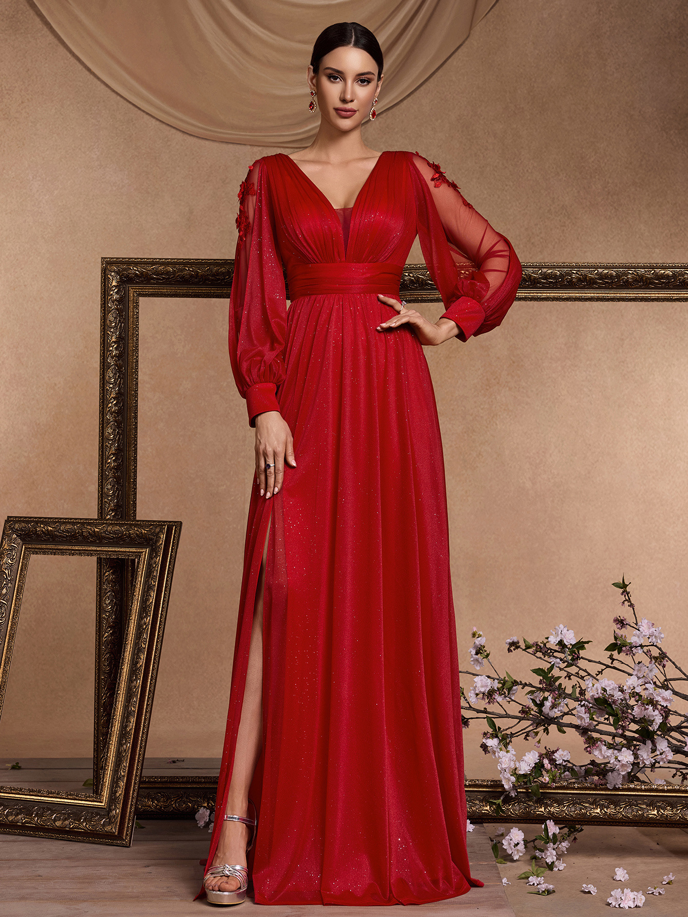 Women Long Sleeve Formal Party Sexy Slit Evening Dress