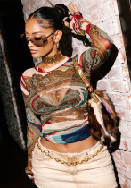 Women Style Street Half-High Neck Long Sleeve Mesh Abstract Print T-shirt Women Style Street Half-High Neck Long Sleeve Mesh Abstract Print T-shirt