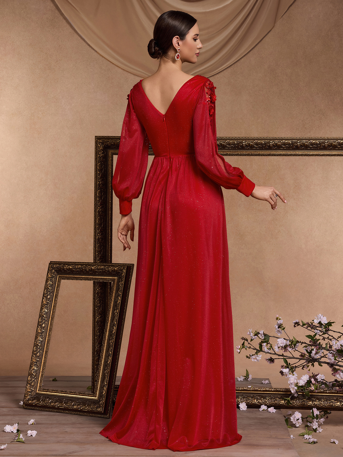 Women Long Sleeve Formal Party Sexy Slit Evening Dress