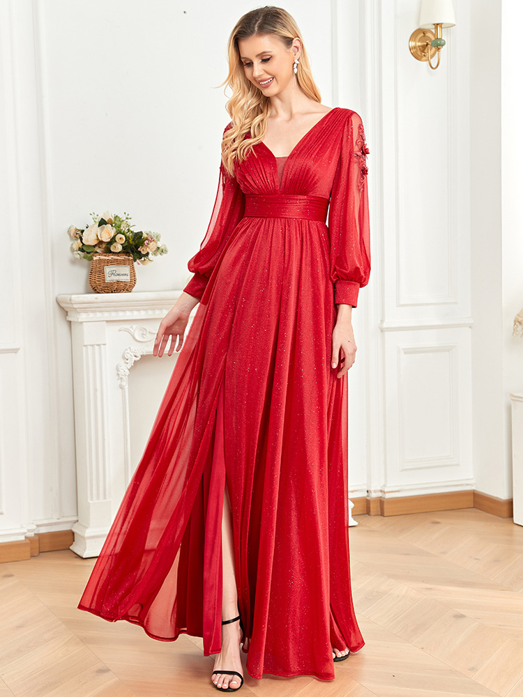 Women Long Sleeve Formal Party Sexy Slit Evening Dress