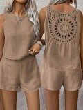 Women Solid Back Hollow Lace Top and Shorts Two-piece Set