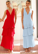 Women summer French sleeveless v-neck Cascading Ruffles Dress