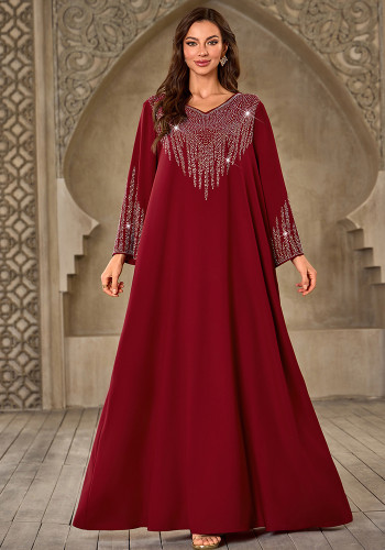 Women Beaded V-neck Casual Dubai Dress