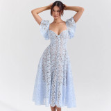Women retro lace V-neck sexy short-sleeved Maxi Dress