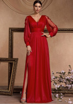 Women Long Sleeve Formal Party Sexy Slit Evening Dress