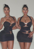 Women sexy Halter Neck Heart Print Metal button hollow sexy dress