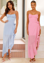 Women summer sexy suspenders Backless ruffle irregular dress