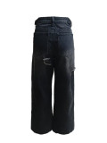 Women Ripped Waist Adjustable Denim Wide Leg Pants