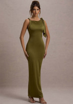 Women summer one-shoulder ribbon Solid dress