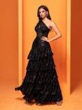 Women Elegant Slash Shoulder Slit Cascading Ruffles Evening Dress