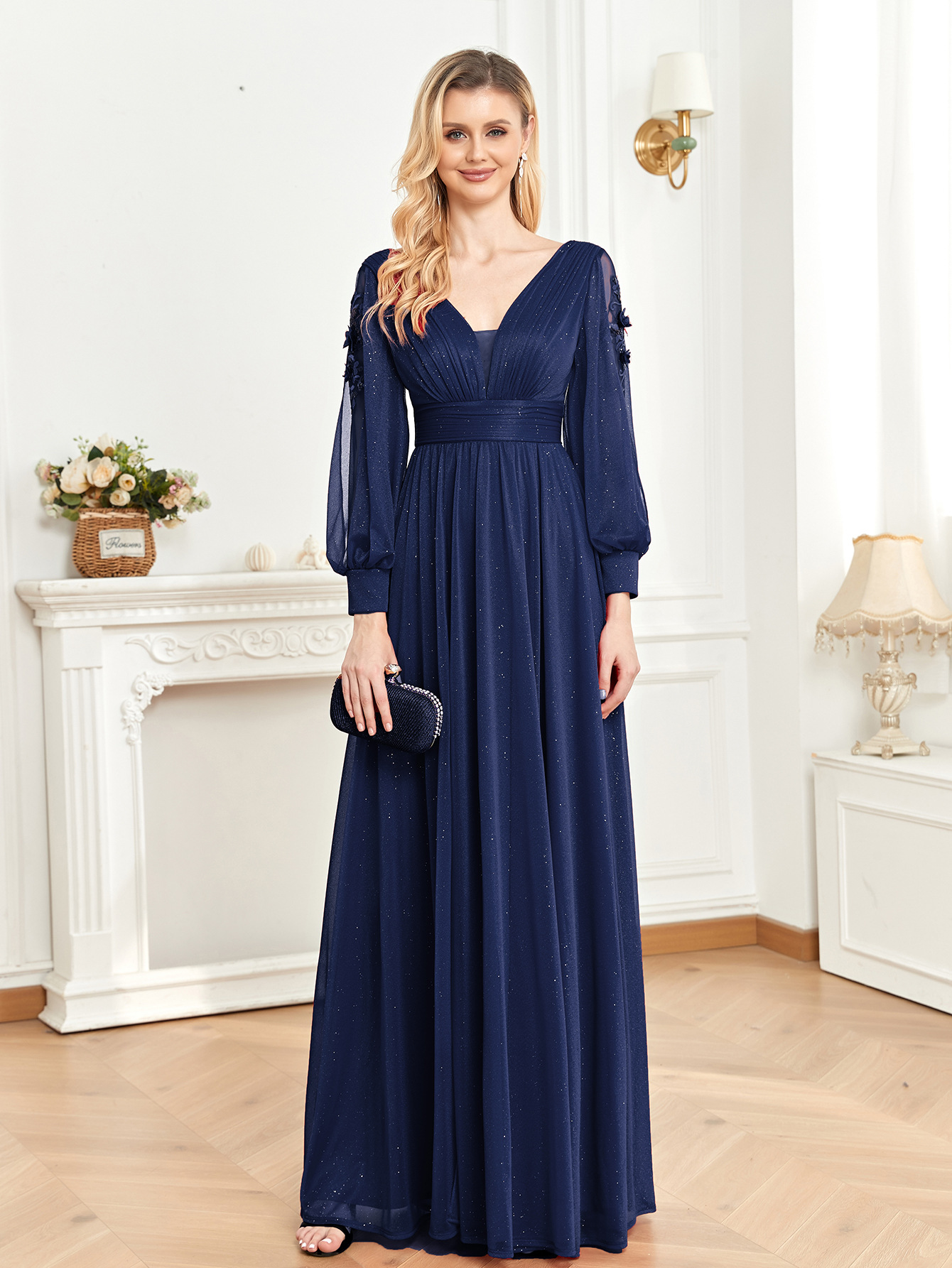Women Long Sleeve Formal Party Sexy Slit Evening Dress