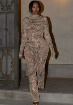 Women Style printed mesh half-high collar long-sleeved Top and trousers two-piece set Women Style printed mesh half-high collar long-sleeved Top and trousers two-piece set