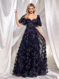 Women Floral U-neck Short Sleeve Party Formal Party Evening Dress