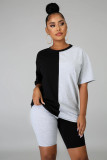 Women Summer Casual Color Block Round Neck Top and Shorts Two-piece Set