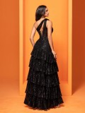 Women Elegant Slash Shoulder Slit Cascading Ruffles Evening Dress