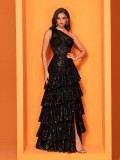 Women Elegant Slash Shoulder Slit Cascading Ruffles Evening Dress