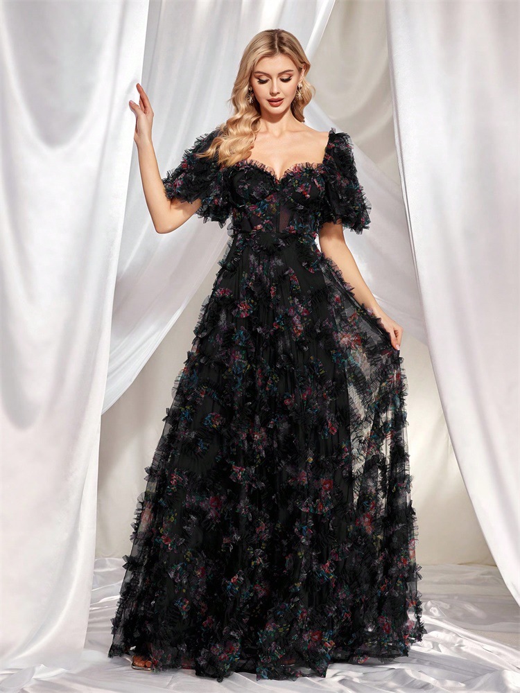 Women Floral U-neck Short Sleeve Party Formal Party Evening Dress