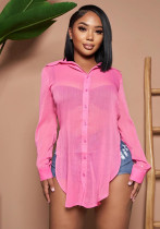 Women's sexy see-through single-breasted solid color long sleeve turn-down collar chic loose chiffon shirt