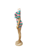 Women Striped Contrast Turndown Collar Crop Top and Bodycon Skirt Two-Piece Set