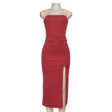 Solid Color pocket sleeveless sexy strapless slim fit high waist A-line Dress