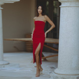 Solid Color pocket sleeveless sexy strapless slim fit high waist A-line Dress