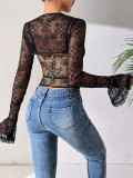 Lace sexy mesh low back long sleeve see-through slim fit women's top