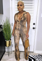 Women's Fashionable snake print V-neck tight fitting wide leg jumpsuit Women's Fashionable snake print V-neck tight fitting wide leg jumpsuit