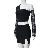 Women Spring and Summer Lace Sexy Hollow One-shoulder Irregular Top and Skirt Two-piece Set