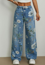 Street fashion printed loose straight wide leg denim trousers Street fashion printed loose straight wide leg denim trousers