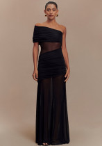 Spring fashionable off-shoulder chic sexy mesh patchwork slim dress