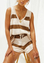 Summer fashion casual deep V-neck knitting vest and shorts two-piece set Summer fashion casual deep V-neck knitting vest and shorts two-piece set