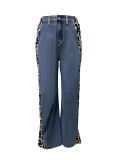 Women's street fashion leopard print patchwork straight denim trousers