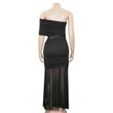 Spring fashionable off-shoulder chic sexy mesh patchwork slim dress