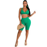 Summer fashionable beach holidays casual ribbed solid color two-piece shorts set
