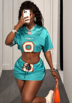 Fashion print street trend short sleeve short hoodie top and lace-up skirt set